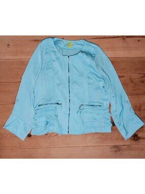 Adam Jacobs Womens L Full Zip Jacket Ruffles Aqua Lightweight Roll Tab Sleeves